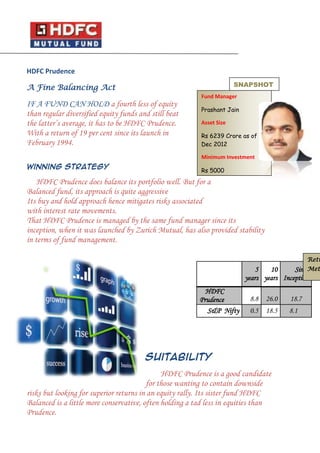 HDFC Prudence
SNAPSHOT

A Fine Balancing Act

IF A FUND CAN HOLD a fourth less of equity
than regular diversified equity funds and still beat
the latter’s average, it has to be HDFC Prudence.
With a return of 19 per cent since its launch in
February 1994.

Fund Manager
Prashant Jain
Asset Size
Rs 6239 Crore as of
Dec 2012
Minimum Investment

Winning Strategy

Rs 5000

HDFC Prudence does balance its portfolio well. But for a
Balanced fund, its approach is quite aggressive
Its buy and hold approach hence mitigates risks associated
with interest rate movements.
That HDFC Prudence is managed by the same fund manager since its
inception, when it was launched by Zurich Mutual, has also provided stability
in terms of fund management.

Retu

5
10
SinceMet
years years Inception
HDFC
Prudence
S&P Nifty

8.8

26.0

18.7

0.5

18.5

8.1

Suitability
HDFC Prudence is a good candidate
for those wanting to contain downside
risks but looking for superior returns in an equity rally. Its sister fund HDFC
Balanced is a little more conservative, often holding a tad less in equities than
Prudence.

 