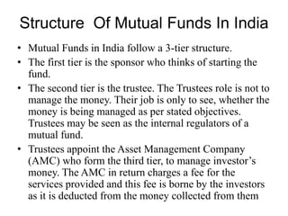 Structure Of Mutual Funds In India
• Mutual Funds in India follow a 3-tier structure.
• The first tier is the sponsor who thinks of starting the
fund.
• The second tier is the trustee. The Trustees role is not to
manage the money. Their job is only to see, whether the
money is being managed as per stated objectives. Trustees
may be seen as the internal regulators of a mutual fund.
• Trustees appoint the Asset Management Company (AMC)
who form the third tier, to manage investor’s money. The
AMC in return charges a fee for the services provided and
this fee is borne by the investors as it is deducted from the
money collected from them
 