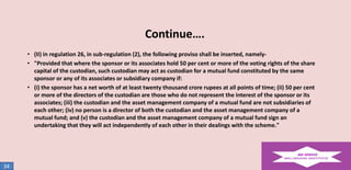 Continue….
• (II) in regulation 26, in sub-regulation (2), the following proviso shall be inserted, namely• "Provided that where the sponsor or its associates hold 50 per cent or more of the voting rights of the share
capital of the custodian, such custodian may act as custodian for a mutual fund constituted by the same
sponsor or any of its associates or subsidiary company if:
• (i) the sponsor has a net worth of at least twenty thousand crore rupees at all points of time; (ii) 50 per cent
or more of the directors of the custodian are those who do not represent the interest of the sponsor or its
associates; (iii) the custodian and the asset management company of a mutual fund are not subsidiaries of
each other; (iv) no person is a director of both the custodian and the asset management company of a
mutual fund; and (v) the custodian and the asset management company of a mutual fund sign an
undertaking that they will act independently of each other in their dealings with the scheme."

34

 