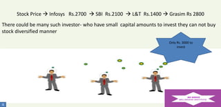 Stock Price  Infosys Rs.2700  SBI Rs.2100  L&T Rs.1400  Grasim Rs 2800
There could be many such investor- who have small capital amounts to invest they can not buy
stock diversified manner
Only Rs. 3000 to
invest

4

 