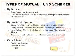 Types of Mutual Fund Schemes By Structure Open-Ended – anytime enter/exit Close-Ended Schemes – listed on exchange, redemption after period of scheme is over. By Investment Objective Equity (Growth) – only in Stocks – Long Term (3 years or more) Debt (Income) – only in Fixed Income Securities (3-10 months) Liquid/Money Market (including gilt) – Short-term Money Market (Govt.) Balanced/Hybrid – Stocks + Fixed Income Securities (1-3 years) Other Schemes Tax Saving Schemes Special Schemes ULIP 