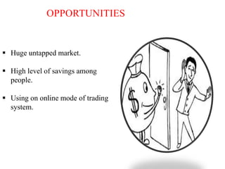 OPPORTUNITIES

 Huge untapped market.
 High level of savings among
people.

 Using on online mode of trading
system.

 