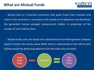 What are Mutual Funds
• Mutual fund is a financial instrument that pools funds from investors and
invest it into securities in accordance with stated set of objectives and distributes
the generated income amongst investors/unit holders in proportion of the
number of units held by them.
• Mutual funds units are issued and redeemed by Asset Management Company
based on fund’s Net Assets Value (NAV) which is determined at the end of each
trading session by deducting expenses from the total value of assets.
Total
Asset
Value
Expenses
Net
Asset
Value
 