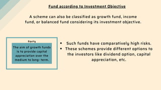 Fund according to Investment Objective
A scheme can also be classified as growth fund, income
fund, or balanced fund considering its investment objective.
Equity
The aim of growth funds
is to provide capital
appreciation over the
medium to long- term.
Such funds have comparatively high risks.
These schemes provide different options to
the investors like dividend option, capital
appreciation, etc.
 