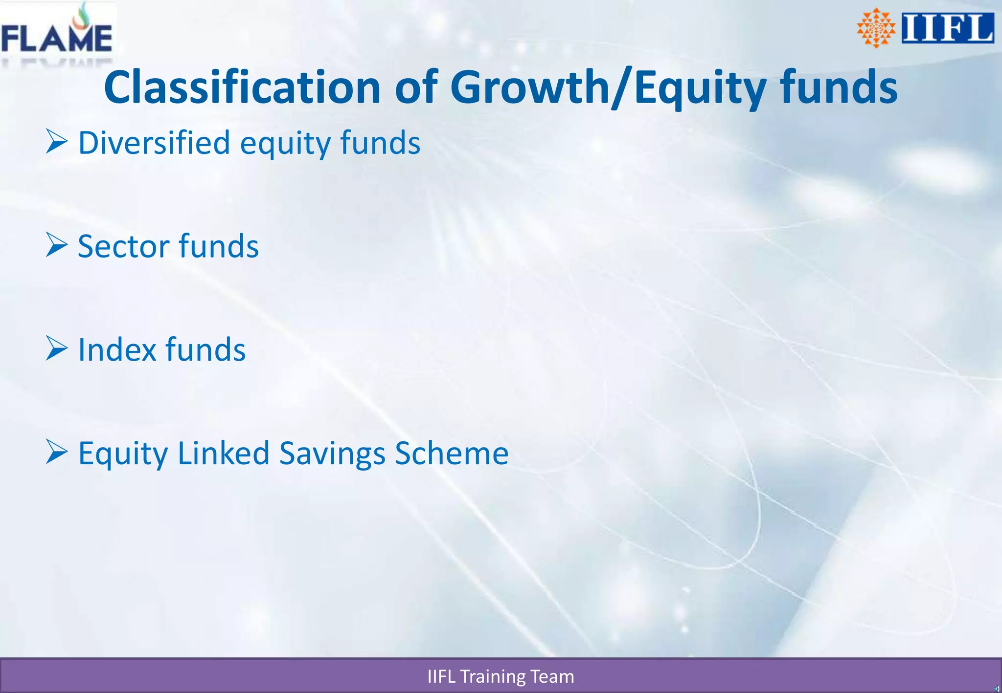 Classification of Growth/Equity fundsDiversified equity funds  Sector fundsIndex fundsEquity Linked Savings Scheme