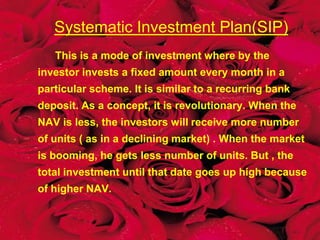 FUND OF FUNDS SCHEME         It is a fund that is invested not in the securities of companies, but in the units of the same MF or in the units of other MFs. MF stands for diversification of investment. E.g.: Franklin Templeton India Life Stage Fund of Funds.         There are some other types of schemes also they are Fixed term plan series, Theme funds, Contra funds and etc…