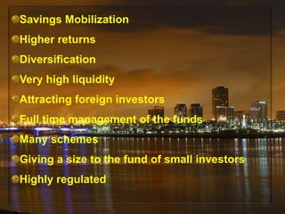 Systematic Investment Plan(SIP)          This is a mode of investment where by the investor invests a fixed amount every month in a particular scheme. It is similar to a recurring bank deposit. As a concept, it is revolutionary. When the NAV is less, the investors will receive more number of units ( as in a declining market) . When the market is booming, he gets less number of units. But , the total investment until that date goes up high because of higher NAV.