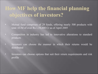 How MF help the financial planning objectives of investors? Mutual fund comprises of 29 funds, offering nearly 500 products with total AUM of over Rs.1,58,000 Cr as of April 2005 Competition in industry has led to innovative alterations to standard products Investors can choose the manner in which their returns would be distributed Investors can choose options that suit their return requirements and risk profile 