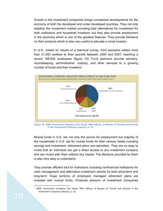  
 
28
Growth in the investment companies brings unmatched developments for the
economy of both the developed and under developed countries. They not only
stabilize the investment market providing best alternatives for investment for
both institutions and household investors; but they also provide employment
in the economy which is one of the greatest features. They provide literature
on their products which is also very useful to educate a novel investor.
In U.S., based on results of a biannual survey, fund sponsors added more
than 21,000 workers to their payrolls between 2005 and 2007, reaching a
record 168,000 employees (figure 10). Fund sponsors provide advisory,
recordkeeping, administrative, custody, and other services to a growing
number of funds and their investors1
.
Figure 10: 2009, Investment Company Fact Book, 49th Edition, A Review of Trends and Activity
in the Investment Company Industry, p. 16.
Mutual funds in U.S. are not only the source for employment but majority of
the households in U.S. opt for mutual funds for their various needs including
savings and investment, retirement plans and education. They are so easy to
invest that an individual can get a direct access to any investment company
and can invest with them without any hassle. The literature provided by them
is also very easy to understand.
They provide efficient tool for institutions including nonfinancial institutions for
cash management and alternative investment vehicle for both short-term and
long-term. Huge portions of employers managed retirement plans are
invested with mutual funds. Financial advisors of investment companies
                                                            
1
  2009,  Investment  Company  Fact  Book,  49th  Edition,  A  Review  of  Trends  and  Activity  in  the 
Investment Company Industry, p. 16. 
 