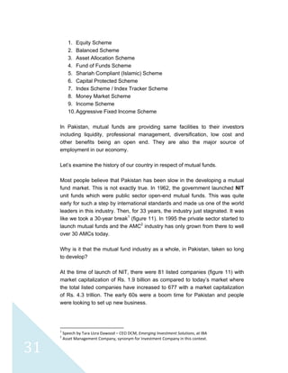  
 
 
31 
1. Equity Scheme
2. Balanced Scheme
3. Asset Allocation Scheme
4. Fund of Funds Scheme
5. Shariah Compliant (Islamic) Scheme
6. Capital Protected Scheme
7. Index Scheme / Index Tracker Scheme
8. Money Market Scheme
9. Income Scheme
10.Aggressive Fixed Income Scheme
In Pakistan, mutual funds are providing same facilities to their investors
including liquidity, professional management, diversification, low cost and
other benefits being an open end. They are also the major source of
employment in our economy.
Let’s examine the history of our country in respect of mutual funds.
Most people believe that Pakistan has been slow in the developing a mutual
fund market. This is not exactly true. In 1962, the government launched NIT
unit funds which were public sector open-end mutual funds. This was quite
early for such a step by international standards and made us one of the world
leaders in this industry. Then, for 33 years, the industry just stagnated. It was
like we took a 30-year break1
(figure 11). In 1995 the private sector started to
launch mutual funds and the AMC2
industry has only grown from there to well
over 30 AMCs today.
Why is it that the mutual fund industry as a whole, in Pakistan, taken so long
to develop?
At the time of launch of NIT, there were 81 listed companies (figure 11) with
market capitalization of Rs. 1.9 billion as compared to today’s market where
the total listed companies have increased to 677 with a market capitalization
of Rs. 4.3 trillion. The early 60s were a boom time for Pakistan and people
were looking to set up new business.
                                                            
1
 Speech by Tara Uzra Dawood – CEO DCM, Emerging Investment Solutions, at IBA 
2
 Asset Management Company, synonym for Investment Company in this context. 
 