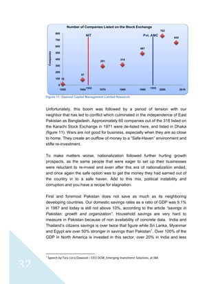  
 
32
Figure 11: Dawood Capital Management Limited Research.
Unfortunately, this boom was followed by a period of tension with our
neighbor that has led to conflict which culminated in the independence of East
Pakistan as Bangladesh. Approximately 60 companies out of the 318 listed on
the Karachi Stock Exchange in 1971 were de-listed here, and listed in Dhaka
(figure 11). Wars are not good for business, especially when they are so close
to home. They create an outflow of money to a “Safe-Haven” environment and
stifle re-investment.
To make matters worse, nationalization followed further hurting growth
prospects, as the same people that were eager to set up their businesses
were reluctant to re-invest and even after this era of nationalization ended,
and once again the safe option was to get the money they had earned out of
the country in to a safe haven. Add to this mix, political instability and
corruption and you have a recipe for stagnation.
First and foremost Pakistan does not save as much as its neighboring
developing countries. Our domestic savings rates as a ratio of GDP was 9.1%
in 1987 and today is still not above 10%, according to the article “savings in
Pakistan: growth and organization”. Household savings are very hard to
measure in Pakistan because of non availability of concrete data. India and
Thailand’s citizens savings is over twice that figure while Sri Lanka, Myanmar
and Egypt are over 50% stronger in savings than Pakistan1
. Over 100% of the
GDP in North America is invested in this sector, over 20% in India and less
                                                            
1
 Speech by Tara Uzra Dawood – CEO DCM, Emerging Investment Solutions, at IBA 
15
81
291
314
487
762
655
0
100
200
300
400
500
600
700
800
1950 1960 1970 1980 1990 2000 2010
Companies
Number of Companies Listed on the Stock Exchange
NIT
1962
Pvt. AMC
1995
 