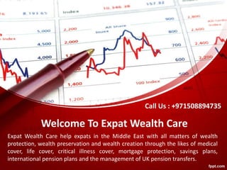 Expat Wealth Care help expats in the Middle East with all matters of wealth
protection, wealth preservation and wealth creation through the likes of medical
cover, life cover, critical illness cover, mortgage protection, savings plans,
international pension plans and the management of UK pension transfers.
Call Us : +971508894735
Welcome To Expat Wealth Care
 