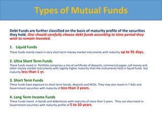 Debt Funds are further classified on the basis of maturity profile of the securities
they hold. One should carefully choose debt funds according to time period they
wish to remain invested.
1. Liquid Funds
These funds mainly invest in very short term money market instruments with maturity up to 91 days.
2. Ultra Short Term Funds
These funds invest in Portfolio comprises a mix of certificate of deposits, commercial paper, call money and
other money market instruments with slightly higher maturity than the instruments held in liquid funds but
maturity less than 1 yr.
3. Short Term Funds
These funds have exposure to short-term bonds, deposits and NCDs. They may also invest in T-bills and
Government securities with maturity of less than 3 years.
4. Long Term Income Funds
These Funds invest in bonds and debentures with maturity of more than 5 years. They can also invest in
Government securities with maturity profile of 5 to 10 years.
Types of Mutual Funds
 
