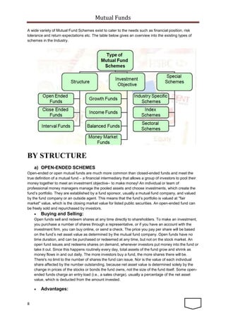 Mutual Funds
8
A wide variety of Mutual Fund Schemes exist to cater to the needs such as financial position, risk
tolerance and return expectations etc. The table below gives an overview into the existing types of
schemes in the Industry.
BY STRUCTURE
a) OPEN-ENDED SCHEMES
Open-ended or open mutual funds are much more common than closed-ended funds and meet the
true definition of a mutual fund – a financial intermediary that allows a group of investors to pool their
money together to meet an investment objective– to make money! An individual or team of
professional money managers manage the pooled assets and choose investments, which create the
fund’s portfolio. They are established by a fund sponsor, usually a mutual fund company, and valued
by the fund company or an outside agent. This means that the fund’s portfolio is valued at "fair
market" value, which is the closing market value for listed public securities. An open-ended fund can
be freely sold and repurchased by investors.
 Buying and Selling:
Open funds sell and redeem shares at any time directly to shareholders. To make an investment,
you purchase a number of shares through a representative, or if you have an account with the
investment firm, you can buy online, or send a check. The price you pay per share will be based
on the fund’s net asset value as determined by the mutual fund company. Open funds have no
time duration, and can be purchased or redeemed at any time, but not on the stock market. An
open fund issues and redeems shares on demand, whenever investors put money into the fund or
take it out. Since this happens routinely every day, total assets of the fund grow and shrink as
money flows in and out daily. The more investors buy a fund, the more shares there will be.
There's no limit to the number of shares the fund can issue. Nor is the value of each individual
share affected by the number outstanding, because net asset value is determined solely by the
change in prices of the stocks or bonds the fund owns, not the size of the fund itself. Some open-
ended funds charge an entry load (i.e., a sales charge), usually a percentage of the net asset
value, which is deducted from the amount invested.
 Advantages:
 