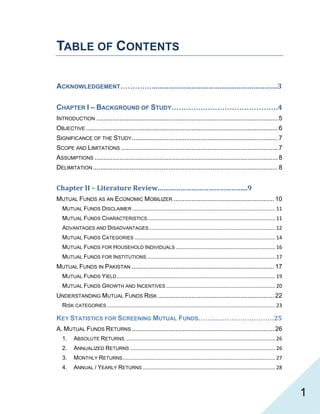   1
TABLE OF CONTENTS
ACKNOWLEDGEMENT………….………………………………………………………….3 
CHAPTER I – BACKGROUND OF STUDY………….………………………….4 
INTRODUCTION ....................................................................................................... 5 
OBJECTIVE ............................................................................................................. 6 
SIGNIFICANCE OF THE STUDY................................................................................... 7 
SCOPE AND LIMITATIONS ......................................................................................... 7 
ASSUMPTIONS ........................................................................................................ 8 
DELIMITATION ......................................................................................................... 8 
Chapter II – Literature Review………………………………………...9 
MUTUAL FUNDS AS AN ECONOMIC MOBILIZER ......................................................... 10 
MUTUAL FUNDS DISCLAIMER ................................................................................................... 11 
MUTUAL FUNDS CHARACTERISTICS ......................................................................................... 11 
ADVANTAGES AND DISADVANTAGES ........................................................................................ 12 
MUTUAL FUNDS CATEGORIES .................................................................................................. 14 
MUTUAL FUNDS FOR HOUSEHOLD INDIVIDUALS ..................................................................... 16 
MUTUAL FUNDS FOR INSTITUTIONS ......................................................................................... 17 
MUTUAL FUNDS IN PAKISTAN ................................................................................. 17 
MUTUAL FUNDS YIELD .............................................................................................................. 19 
MUTUAL FUNDS GROWTH AND INCENTIVES ............................................................................ 20 
UNDERSTANDING MUTUAL FUNDS RISK .................................................................. 22 
RISK CATEGORIES ..................................................................................................................... 23 
KEY STATISTICS FOR SCREENING MUTUAL FUNDS……...…………………….25 
A. MUTUAL FUNDS RETURNS ................................................................................. 26 
1.  ABSOLUTE RETURNS ........................................................................................................ 26 
2.  ANNUALIZED RETURNS ..................................................................................................... 26 
3.  MONTHLY RETURNS .......................................................................................................... 27 
4.  ANNUAL / YEARLY RETURNS ............................................................................................ 28 
 