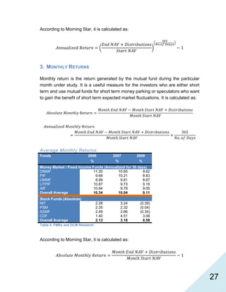   27
According to Morning Star, it is calculated as:
.
1
3. MONTHLY RETURNS
Monthly return is the return generated by the mutual fund during the particular
month under study. It is a useful measure for the investors who are either short
term and use mutual funds for short term money parking or speculators who want
to gain the benefit of short term expected market fluctuations. It is calculated as:
365
.
Average Monthly Returns:
Funds 2006
%
2007
%
2008
%
Money Market / Fixed Income Funds (Annualized for 30 days)
DMMF 11.20 10.65 9.62
PIF 9.68 10.21 8.83
UMMF 8.99 9.81 8.87
UTPIF 10.87 9.73 9.16
AIF 10.94 9.79 9.05
Overall Average 10.34 10.04 9.11
Stock Funds (Absolute)
NIT 2.28 3.24 (0.39)
PSM 2.35 2.32 (0.04)
ASMF 2.49 2.66 (0.34)
CDF 1.40 4.51 3.08
Overall Average 2.13 3.18 0.58
Table 4: FMRs and DCM Research
According to Morning Star, it is calculated as:
1
 