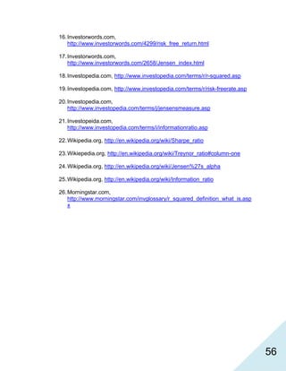   56
16.Investorwords.com,
http://www.investorwords.com/4299/risk_free_return.html
17.Investorwords.com,
http://www.investorwords.com/2658/Jensen_index.html
18.Investopedia.com, http://www.investopedia.com/terms/r/r-squared.asp
19.Investopedia.com, http://www.investopedia.com/terms/r/risk-freerate.asp
20.Investopedia.com,
http://www.investopedia.com/terms/j/jensensmeasure.asp
21.Investopeida.com,
http://www.investopedia.com/terms/i/informationratio.asp
22.Wikipedia.org, http://en.wikipedia.org/wiki/Sharpe_ratio
23.Wikiepedia.org, http://en.wikipedia.org/wiki/Treynor_ratio#column-one
24.Wikipedia.org, http://en.wikipedia.org/wiki/Jensen%27s_alpha
25.Wikipedia.org, http://en.wikipedia.org/wiki/Information_ratio
26.Morningstar.com,
http://www.morningstar.com/invglossary/r_squared_definition_what_is.asp
x
 