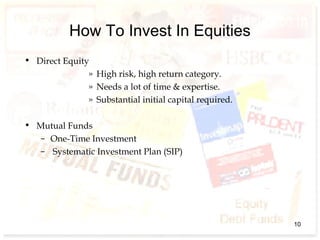 How To Invest In Equities
• Direct Equity
» High risk, high return category.
» Needs a lot of time & expertise.
» Substantial initial capital required.
• Mutual Funds
– One-Time Investment
– Systematic Investment Plan (SIP)
10
 