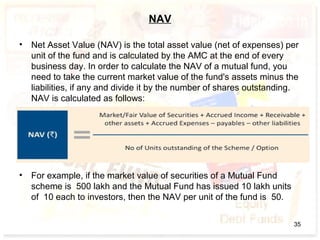NAV
• Net Asset Value (NAV) is the total asset value (net of expenses) per
unit of the fund and is calculated by the AMC at the end of every
business day. In order to calculate the NAV of a mutual fund, you
need to take the current market value of the fund's assets minus the
liabilities, if any and divide it by the number of shares outstanding.
NAV is calculated as follows:
• For example, if the market value of securities of a Mutual Fund
scheme is 500 lakh and the Mutual Fund has issued 10 lakh units
of 10 each to investors, then the NAV per unit of the fund is 50.
35
 