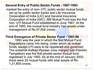 Second Entry of Public Sector Funds - 1987-1993
marked the entry of non- UTI, public sector mutual funds
set up by public sector banks and Life Insurance
Corporation of India (LIC) and General Insurance
Corporation of India (GIC). SBI Mutual Fund was the first
non- UTI Mutual Fund established in June 1987. At the
end of 1993, the mutual fund industry had assets under
management of Rs.47,004 crores.
Third Emergence of Private Sector Fund - 1993-96
1993 was the year in which the first Mutual Fund
Regulations came into being, under which all mutual
funds, except UTI were to be registered and governed.
The erstwhile Kothari Pioneer (now merged with Franklin
Templeton) was the first private sector mutual fund
registered in July 1993. As at the end of January 2003,
there were 33 mutual funds with total assets of Rs.
1,21,805 crores. 37
 