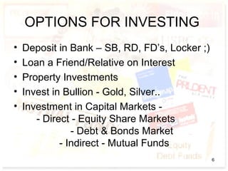 OPTIONS FOR INVESTING
• Deposit in Bank – SB, RD, FD’s, Locker ;)
• Loan a Friend/Relative on Interest
• Property Investments
• Invest in Bullion - Gold, Silver..
• Investment in Capital Markets -
- Direct - Equity Share Markets
- Debt & Bonds Market
- Indirect - Mutual Funds
6
 