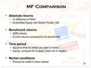 MF Comparison
• Absolute returns
– % difference of NAV
– Diversified Equity with Sector Funds– NO
• Benchmark returns
– SEBI directs
– Fund's returns compared to its benchmark
• Time period
– Equal to time for which you plan to invest
– Equity- compare for 5 years, Debt- for 6 months
• Market conditions
– Proved its mettle in bear market
62
 