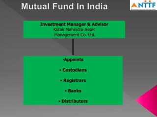 •Appoints
• Custodians
• Registrars
• Banks
• Distributors
Investment Manager & Advisor
Kotak Mahindra Asset
Management Co. Ltd.
 