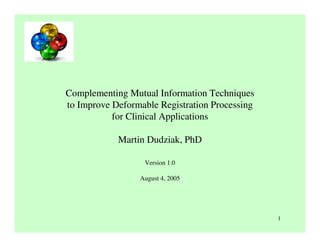 Complementing Mutual Information Techniques
to Improve Deformable Registration Processing
           for Clinical Applications

            Martin Dudziak, PhD

                  Version 1.0

                 August 4, 2005




                                                1
 