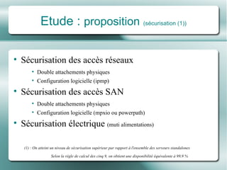 Etude :  proposition   (sécurisation (1)) Sécurisation des accès réseaux Double attachements physiques Configuration logicielle (ipmp) Sécurisation des accès SAN Double attachements physiques Configuration logicielle (mpxio ou powerpath) Sécurisation électrique  (muti alimentations) (1) : On atteint un niveau de sécurisation supérieur par rapport à l'ensemble des serveurs standalones Selon la régle de calcul des cinq 9, on obtient une disponibilité équivalente à 99,9 % 