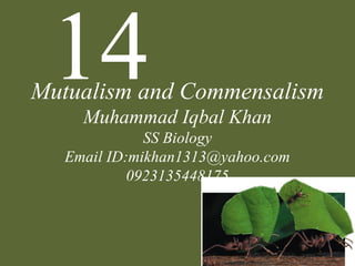 14Mutualism and Commensalism
Muhammad Iqbal Khan
SS Biology
Email ID:mikhan1313@yahoo.com
0923135448175
 