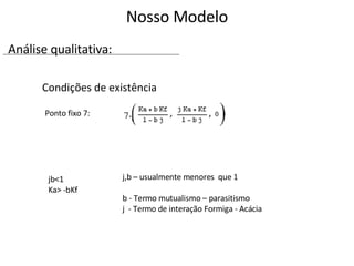 Condições de existência Ponto fixo 7:  jb<1 Ka> -bKf  j,b – usualmente menores  que 1 b - Termo mutualismo – parasitismo j  - Termo de interação Formiga - Acácia Nosso Modelo Análise qualitativa: 