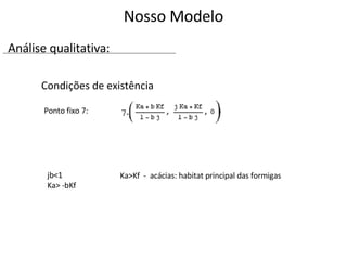 Condições de existência Ponto fixo 7:  jb<1 Ka> -bKf  Ka>Kf  -  acácias: habitat principal das formigas Nosso Modelo Análise qualitativa: 
