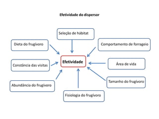 Efetividade do dispersor
Efetividade
Dieta do frugívoro
Abundância do frugívoro
Constância das visitas
Tamanho do frugívoro
Comportamento de forrageio
Área de vida
Seleção de hábitat
Fisiologia do frugívoro
 
