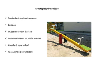 Estratégias para atração
 Teoria da alocação de recursos
 Balanço
 Investimento em atração
 Investimento em estabelecimento
 Atração é para todos!
 Vantagens x Desvantagens
 