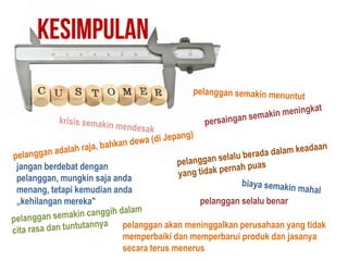 pelanggan selalu benar
jangan berdebat dengan
pelanggan, mungkin saja anda
menang, tetapi kemudian anda
„kehilangan mereka‟
pelanggan akan meninggalkan perusahaan yang tidak
memperbaiki dan memperbarui produk dan jasanya
secara terus menerus
 