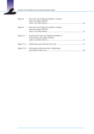 Instituto Chico Mendes de Conservação da Biodiversidade




Figura 8    –   Pauxi mitu no Criadouro Científico e Cultural
                Poços de Caldas (CCCPC)
                Autor: Luís Fábio Silveira ...........................................................................24

Figura 9    –   Pauxi mitu no Criadouro Científico e Cultural
                Poços de Caldas (CCCPC)
                Autor: Luís Fábio Silveira ...........................................................................25

Figura 10   –   Casal de Pauxi mitu no Criadouro Científico e
                Cultural Poços de Caldas (CCCPC)
                Autor: Luís Fábio Silveira ...........................................................................25

Figura 11a –    Distribuição presumida de Pauxi mitu ........................................................27

Figura 11b –    Informações adicionais sobre a distribuição
                presumida de Pauxi mitu ...........................................................................28
 
