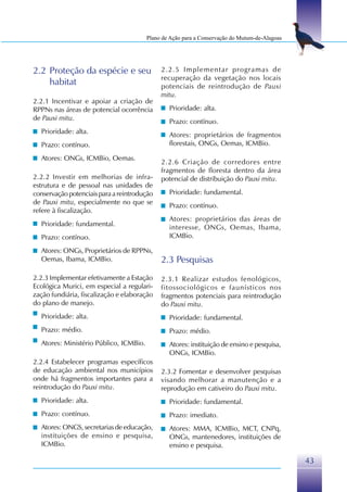 Plano de Ação para a Conservação do Mutum-de-Alagoas




2.2 Proteção da espécie e seu                2.2.5 Implementar programas de
                                             recuperação da vegetação nos locais
    habitat                                  potenciais de reintrodução de Pauxi
                                             mitu.
2.2.1 Incentivar e apoiar a criação de
RPPNs nas áreas de potencial ocorrência         Prioridade: alta.
de Pauxi mitu.                                  Prazo: contínuo.
  Prioridade: alta.                             Atores: proprietários de fragmentos
  Prazo: contínuo.                              florestais, ONGs, Oemas, ICMBio.

  Atores: ONGs, ICMBio, Oemas.
                                             2.2.6 Criação de corredores entre
                                             fragmentos de floresta dentro da área
2.2.2 Investir em melhorias de infra-        potencial de distribuição do Pauxi mitu.
estrutura e de pessoal nas unidades de
conservação potenciais para a reintrodução      Prioridade: fundamental.
de Pauxi mitu, especialmente no que se          Prazo: contínuo.
refere à fiscalização.
                                                Atores: proprietários das áreas de
  Prioridade: fundamental.                      interesse, ONGs, Oemas, Ibama,
  Prazo: contínuo.                              ICMBio.

  Atores: ONGs, Proprietários de RPPNs,
  Oemas, Ibama, ICMBio.                      2.3 Pesquisas
2.2.3 Implementar efetivamente a Estação     2.3.1 Realizar estudos fenológicos,
Ecológica Murici, em especial a regulari-    fitossociológicos e faunísticos nos
zação fundiária, fiscalização e elaboração   fragmentos potenciais para reintrodução
do plano de manejo.                          do Pauxi mitu.
  Prioridade: alta.                             Prioridade: fundamental.
  Prazo: médio.                                 Prazo: médio.
  Atores: Ministério Público, ICMBio.           Atores: instituição de ensino e pesquisa,
                                                ONGs, ICMBio.
2.2.4 Estabelecer programas específicos
de educação ambiental nos municípios         2.3.2 Fomentar e desenvolver pesquisas
onde há fragmentos importantes para a        visando melhorar a manutenção e a
reintrodução do Pauxi mitu.                  reprodução em cativeiro do Pauxi mitu.
  Prioridade: alta.                             Prioridade: fundamental.
  Prazo: contínuo.                              Prazo: imediato.
  Atores: ONGS, secretarias de educação,        Atores: MMA, ICMBio, MCT, CNPq,
  instituições de ensino e pesquisa,            ONGs, mantenedores, instituições de
  ICMBio.                                       ensino e pesquisa.

                                                                                               43
 