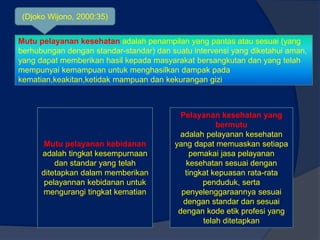 Mutu pelayanan kesehatan adalah penampilan yang pantas atau sesuai (yang
berhubungan dengan standar-standar) dan suatu intervensi yang diketahui aman,
yang dapat memberikan hasil kepada masyarakat bersangkutan dan yang telah
mempunyai kemampuan untuk menghasilkan dampak pada
kematian,keakitan,ketidak mampuan dan kekurangan gizi
(Djoko Wijono, 2000:35)
Mutu pelayanan kebidanan
adalah tingkat kesempurnaan
dan standar yang telah
ditetapkan dalam memberikan
pelayannan kebidanan untuk
mengurangi tingkat kematian
Pelayanan kesehatan yang
bermutu
adalah pelayanan kesehatan
yang dapat memuaskan setiapa
pemakai jasa pelayanan
kesehatan sesuai dengan
tingkat kepuasan rata-rata
penduduk, serta
penyelenggaraannya sesuai
dengan standar dan sesuai
dengan kode etik profesi yang
telah ditetapkan
 