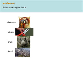 Palavras de origem árabe
almofada
alicate
aldeia
javali
Na LÍNGUA:Na LÍNGUA:
 
