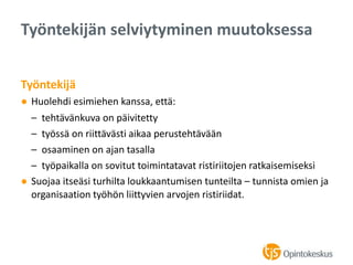 Työntekijä
● Huolehdi esimiehen kanssa, että:
– tehtävänkuva on päivitetty
– työssä on riittävästi aikaa perustehtävään
– osaaminen on ajan tasalla
– työpaikalla on sovitut toimintatavat ristiriitojen ratkaisemiseksi
● Suojaa itseäsi turhilta loukkaantumisen tunteilta – tunnista omien ja
organisaation työhön liittyvien arvojen ristiriidat.
Työntekijän selviytyminen muutoksessa
 