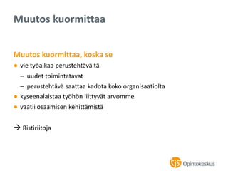 Muutos kuormittaa, koska se
● vie työaikaa perustehtävältä
– uudet toimintatavat
– perustehtävä saattaa kadota koko organisaatiolta
● kyseenalaistaa työhön liittyvät arvomme
● vaatii osaamisen kehittämistä
 Ristiriitoja
Muutos kuormittaa
 