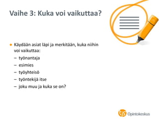 ● Käydään asiat läpi ja merkitään, kuka niihin
voi vaikuttaa:
– työnantaja
– esimies
– työyhteisö
– työntekijä itse
– joku muu ja kuka se on?
Vaihe 3: Kuka voi vaikuttaa?
 