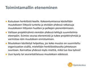 ● Kutsutaan henkilöstö koolle. Kokoontumisessa käsitellään
muutokseen liittyviä tunteita ja etsitään yhdessä ratkaisuja
muutokseen liittyvien huolten ja pelkojen pienentämiseen.
● Valitaan projektiryhmä viemään yhdessä tehtyjä suunnitelmia
eteenpäin. Esimies seuraa etenemistä ja tukee projektiryhmää ja
varmistaa näin muutoksen onnistumisen.
● Muutoksen käsittelyä helpottaa, jos koko muutos on suunniteltu
organisaation sisällä, mielellään henkilöstötasolta johtotason
suuntaan. Kannattaa yhdessä myös miettiä, mikä tuo iloa työssä!
● Uusi kysely tai seurantatilaisuus muutoksen edetessä.
Toimintamallin eteneminen
 