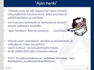 30.1.2015 23
• Yhteiskunnan tai sitä laajemman tason ilmiöitä,
näkymättömiä muutosvoimia, jotka suuntaavat
päätöksentekoa ja valintoja;
• toimivat joko tietoisella tai tiedostamat-tomalla
tasolla valintojen taustalla;
• “ajan henkeen” liittyviä asioita ja asiantiloja;
”Ajan henki”
• liittyvät usein asenteisiin, arvoihin ja arvostuksiin ja
vaikuttavat niiden muutoksiin;
• usein kulttuuri- tai sukupolvisidonnaisia;
• eivät välttämättä jatku tulevaisuudessa.
• Esim: Turvallisuushakuisuus; “poliittinen korrektius”, tieto
käyttäytymis- ja pukeutumiskoodeista ym.
 