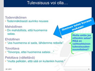 30.1.2015 6
Tulevaisuus voi olla…
Mutta entäs jos
sittenkin sataa?
Mikä on
vaihtoehtoinen
tulevaisuuden-
suunnitelma?
Todennäköinen
• Todennäköisesti aurinko nousee huomennakin.
Mahdollinen
• On mahdollista, että huomenna
sataa.
Ehdollinen
• “Jos huomenna ei sada, lähdemme retkelle”.
Toivottava
• “Toivonpa, ettei huomenna sataisi…”
Pelottava (vältettävä)
• “mutta pelkään, että sää on kuitenkin huono.”
 