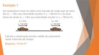 Exemplo 1
Um automóvel move-se sobre uma estrada de modo que ao meio
dia (t1 = 12h) sua velocidade escalar é v1 = 60 km/h e às duas
horas da tarde (t2 = 14h) sua velocidade escalar é v2 = 90 km/h.
Calcule a aceleração escalar média do automóvel
nesse intervalo de tempo.
Resposta: 15 km/h²
 