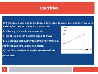 8
Exercícios
4) O gráfico da velocidade em função do tempo de um móvel que se move com
aceleração constante é mostrado abaixo:
Analise o gráfico acima e responda:
a) Qual é o módulo da aceleração do móvel?
b) Classifique o movimento como progressivo ou
retrógrado, retardado ou acelerado.
c) Calcule o módulo do deslocamento sofrido
pelo móvel.
 