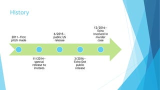 History
2011—first
pitch made
11/2014—
special
release to
invitees
6/2015—
public US
release
3/2016—
Echo Dot
public
release
12/2016—
Echo
involved in
murder
case
 