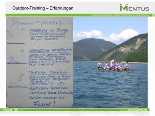 Outdoor-Training – Erfahrungen




Folie 11         Integrierte Personalentwicklung für die Kompetenz- und Führungskräfteentwicklung   www.mentus.de
 