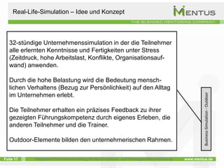 Real-Life-Simulation – Idee und Konzept



   32-stündige Unternehmenssimulation in der die Teilnehmer
   alle erlernten Kenntnisse und Fertigkeiten unter Stress
   (Zeitdruck, hohe Arbeitslast, Konflikte, Organisationsauf-
   wand) anwenden.

   Durch die hohe Belastung wird die Bedeutung mensch-
   lichen Verhaltens (Bezug zur Persönlichkeit) auf den Alltag




                                                                                                        Business-Simulation - Outdoor
   im Unternehmen erlebt.

   Die Teilnehmer erhalten ein präzises Feedback zu ihrer
   gezeigten Führungskompetenz durch eigenes Erleben, die
   anderen Teilnehmer und die Trainer.

   Outdoor-Elemente bilden den unternehmerischen Rahmen.

Folie 17    Integrierte Personalentwicklung für die Kompetenz- und Führungskräfteentwicklung   www.mentus.de
 